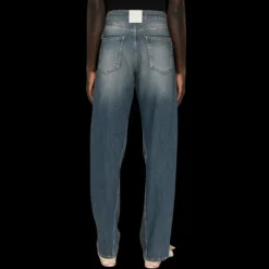 jean droit LANVIN coton denim bleu délavé patch logo cuir blanc dos