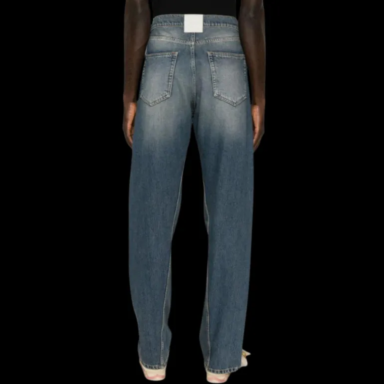 jean droit LANVIN coton denim bleu délavé patch logo cuir blanc dos