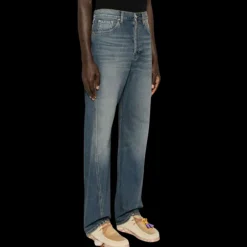 jean droit LANVIN coton denim bleu délavé patch logo cuir blanc dos