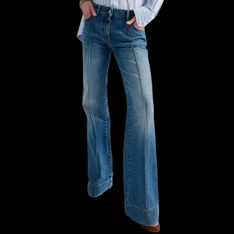 Jean flare BARBARA BUI 5 poches coton denim bleu rivets métal argent