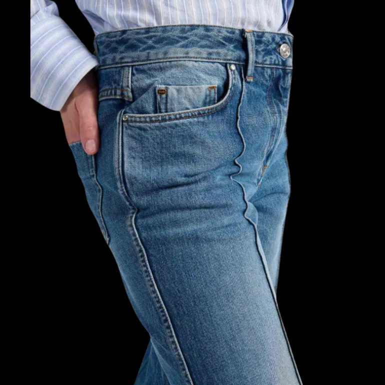 Jean flare BARBARA BUI 5 poches coton denim bleu rivets métal argent