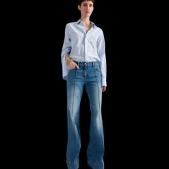 Jean flare BARBARA BUI 5 poches coton denim bleu rivets métal argent