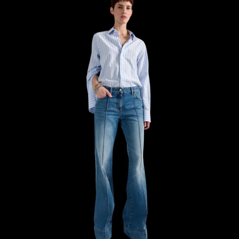 Jean flare BARBARA BUI 5 poches coton denim bleu rivets métal argent