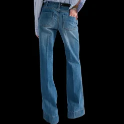 Jean flare BARBARA BUI 5 poches coton denim bleu rivets métal argent