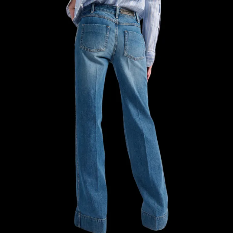 Jean flare BARBARA BUI 5 poches coton denim bleu rivets métal argent