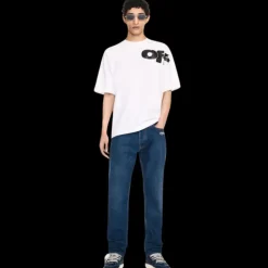 Jean fuselé OFF WHITE brut délavé bleu denim broderie logo blanc