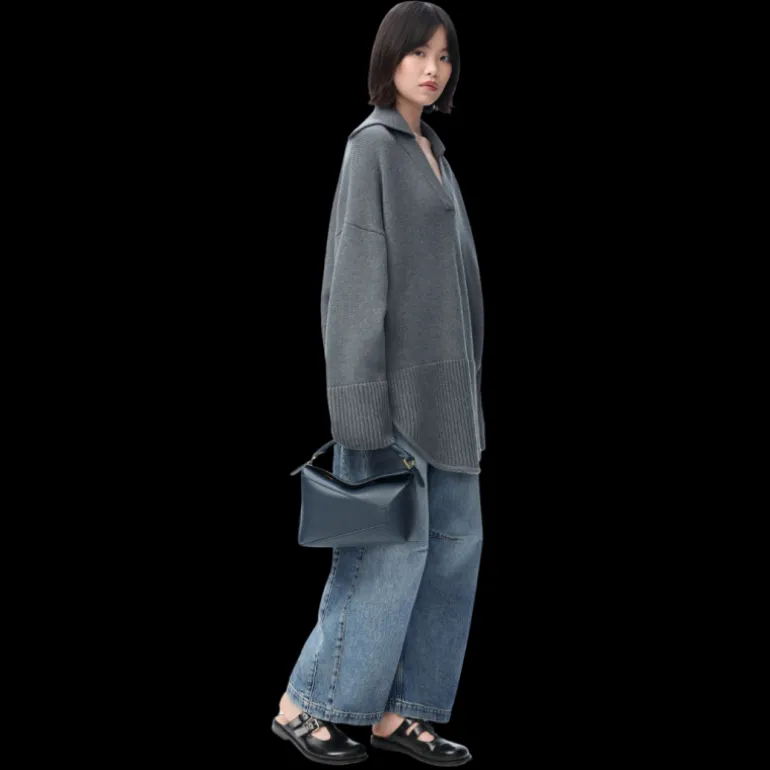 Jean large LOEWE barrel Anagramme denim coton délavé bleu patch cuir