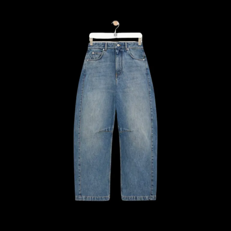 Jean large LOEWE barrel Anagramme denim coton délavé bleu patch cuir
