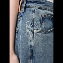 Jean large LOEWE barrel Anagramme denim coton délavé bleu patch cuir