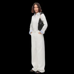 Jean LOEWE Taille haute denim de coton blanc patch cuir