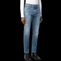 jean slim DOLCE & GABBANA denim coton bleu délavé déchiré plaque logo