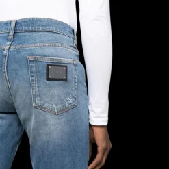 jean slim DOLCE & GABBANA denim coton bleu délavé déchiré plaque logo