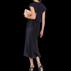 jupe droite ALBERTA FERRETTI mi-longue soie satin bleu nuit fluide évasée