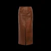 Jupe midi militaire CHLOE fendue cuir agneau brillant marron