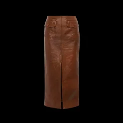 Jupe midi militaire CHLOE fendue cuir agneau brillant marron