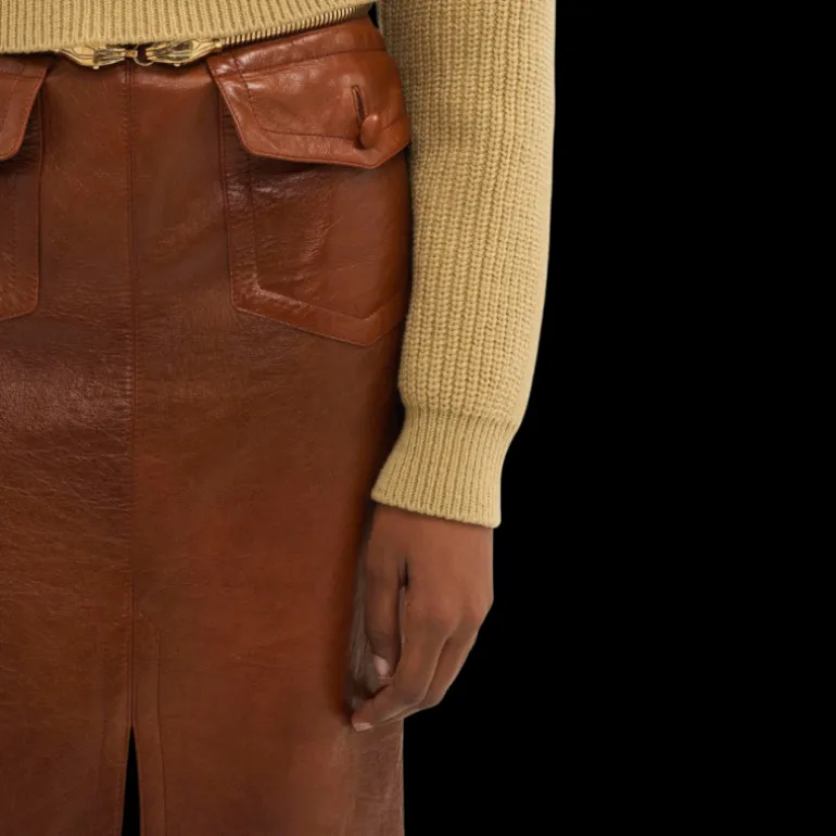 Jupe midi militaire CHLOE fendue cuir agneau brillant marron