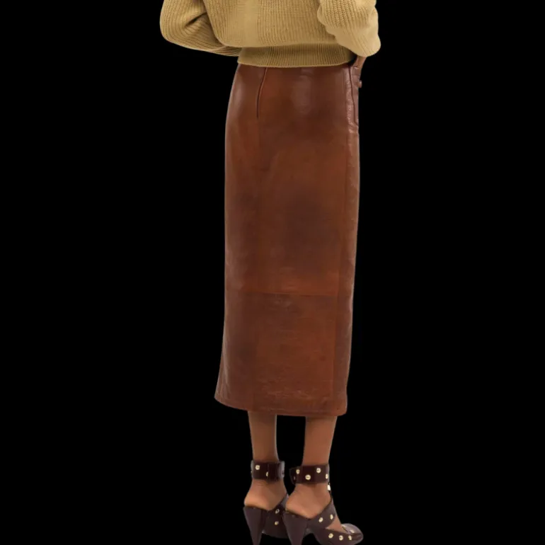 Jupe midi militaire CHLOE fendue cuir agneau brillant marron