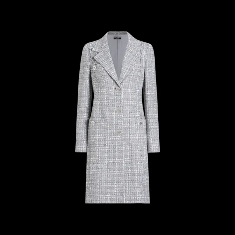 Manteau DOLCE & GABBANA simple boutonnage en tweed lamé bouclé gris argent