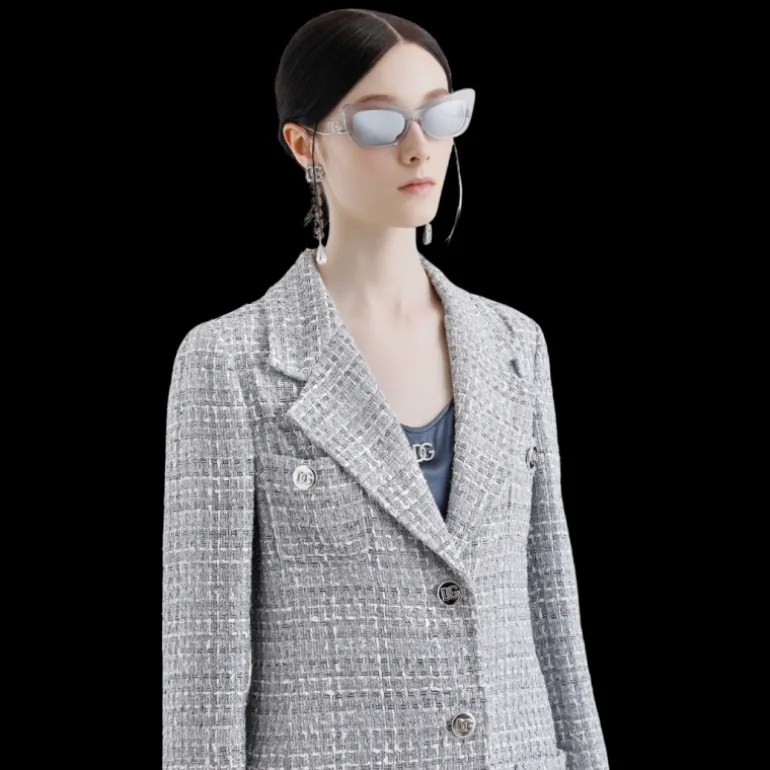 Manteau DOLCE & GABBANA simple boutonnage en tweed lamé bouclé gris argent