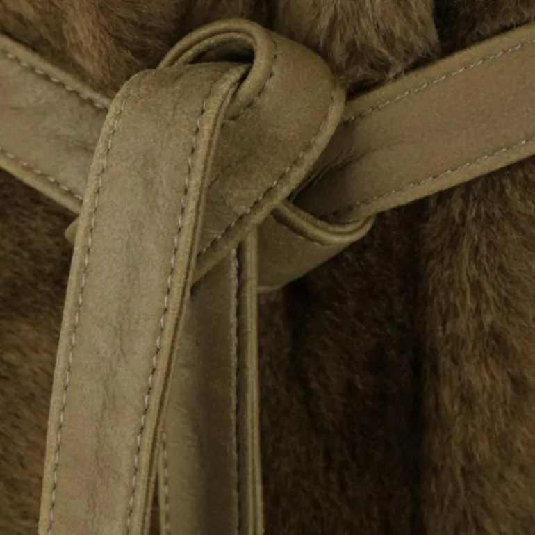 Manteau long ample YVES SALOMON col montant agneau vert kaki ceinture