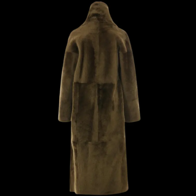 Manteau long ample YVES SALOMON col montant agneau vert kaki ceinture