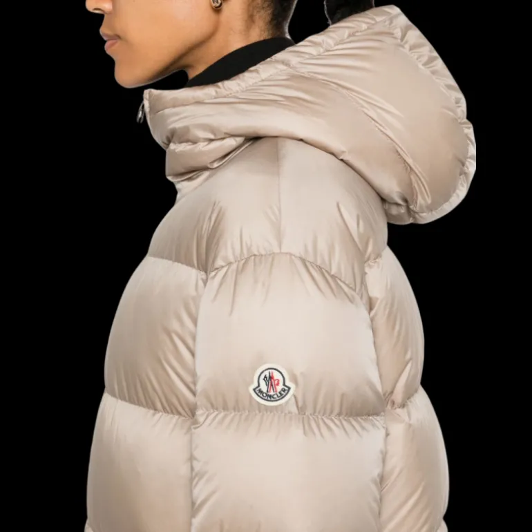 Manteau long doudoune MONCLER Boulogne capuche nylon beige réversible