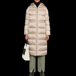 Manteau long doudoune MONCLER Boulogne capuche nylon beige réversible