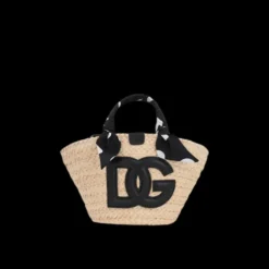 Mini panier petit cabas DOLCE & GABBANA Kendra paille DG Anse noir pois blanc