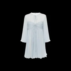 Mini robe CHLOE plissée mousseline soie bleu ciel fronces liens