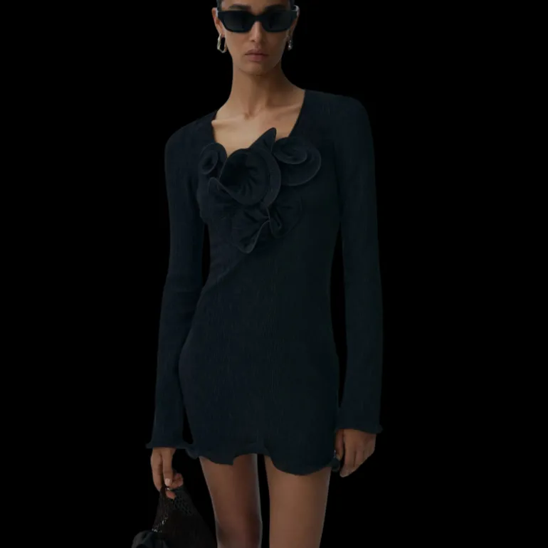 Mini robe MAGDA BUTRYM manche longue crêpe noir volants fleurs
