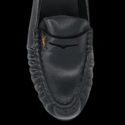 Mocassins Cassandre cuir plissé noir logo YSL doré