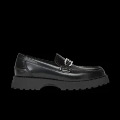 Mocassins cuir noir plaque FF Fendi O'Lock argenté