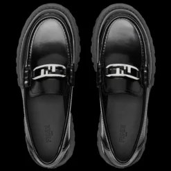 Mocassins cuir noir plaque FF Fendi O'Lock argenté