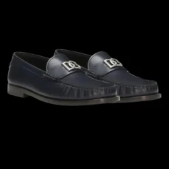Mocassins DOLCE & GABBANA cuir bleu marine plaque logo DG argent