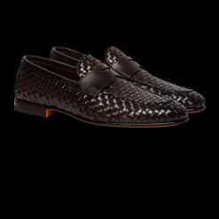Mocassins SANTONI penny cuir tresse marron chocolat