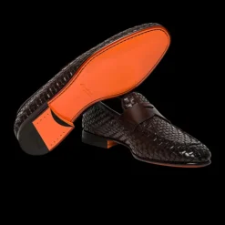 Mocassins SANTONI penny cuir tresse marron chocolat