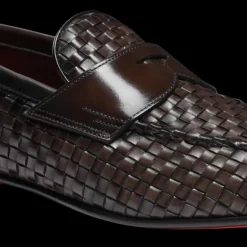 Mocassins SANTONI Penny cuir marron chocolat tressé
