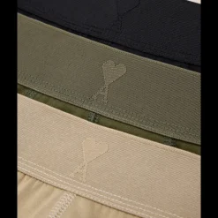 Pack 3 boxers AMI Paris coton bio stretch noir kaki beige coeur