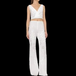 Pantalon ALBERTA FERRETTI Sangallo coton blanc broderie fleurs franges
