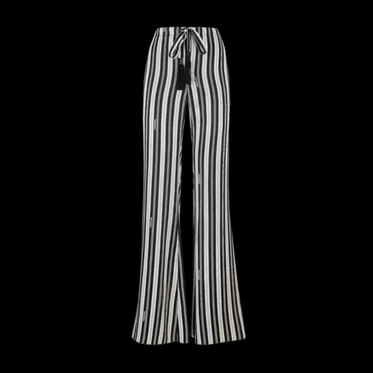 Pantalon droit FENDI cordon de serrage soie rayures noir crème