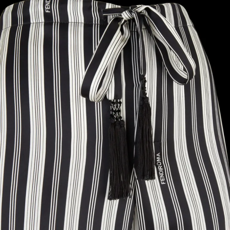 Pantalon droit FENDI cordon de serrage soie rayures noir crème