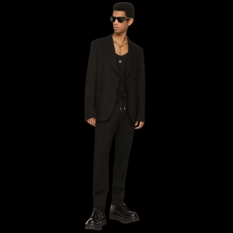 Pantalon jogging DOLCE & GABBANA jersey noir chevrons cordon