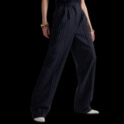 Pantalon taille haute BARBARA BUI large gabardine laine bleu marine rayures tennis