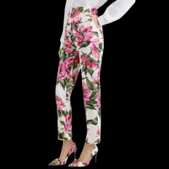 Pantalon tailleur DOLCE & GABBANA jacquard de coton stretch blanc imprimé pivoine rose