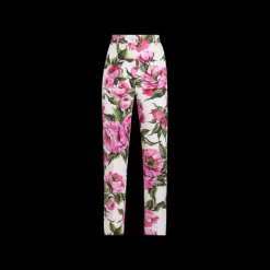 Pantalon tailleur DOLCE & GABBANA jacquard de coton stretch blanc imprimé pivoine rose