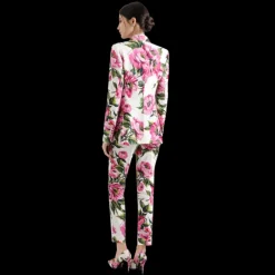 Pantalon tailleur DOLCE & GABBANA jacquard de coton stretch blanc imprimé pivoine rose