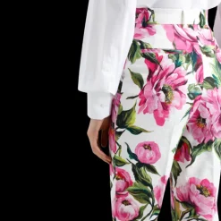 Pantalon tailleur DOLCE & GABBANA jacquard de coton stretch blanc imprimé pivoine rose