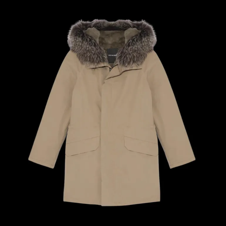 Parka beige YVES SALOMON intérieur lapin gris col renard gris