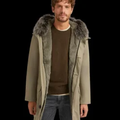 Parka beige YVES SALOMON intérieur lapin gris col renard gris