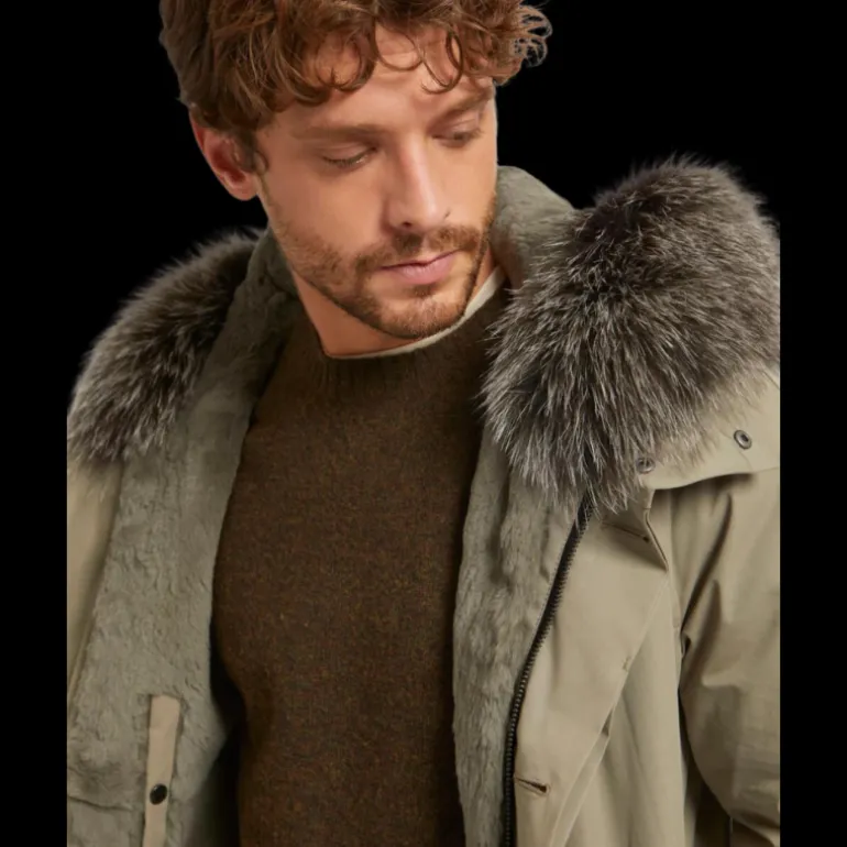 Parka beige YVES SALOMON intérieur lapin gris col renard gris